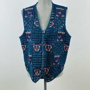 Bobbie Brooks Vintage 1970-1980's SZ L Embroidered Denim Vest Hearts Floral